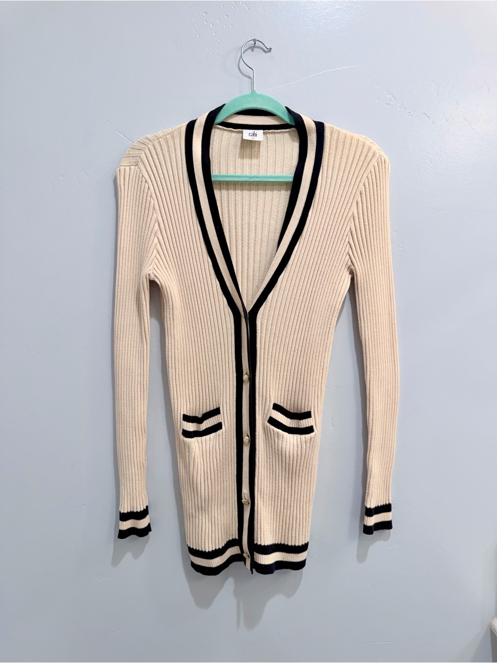Cabi Varsity Cardigan 5458 Navy Striped Ribbed Cotton Sweater Gold Button XS - Picture 3 of 12